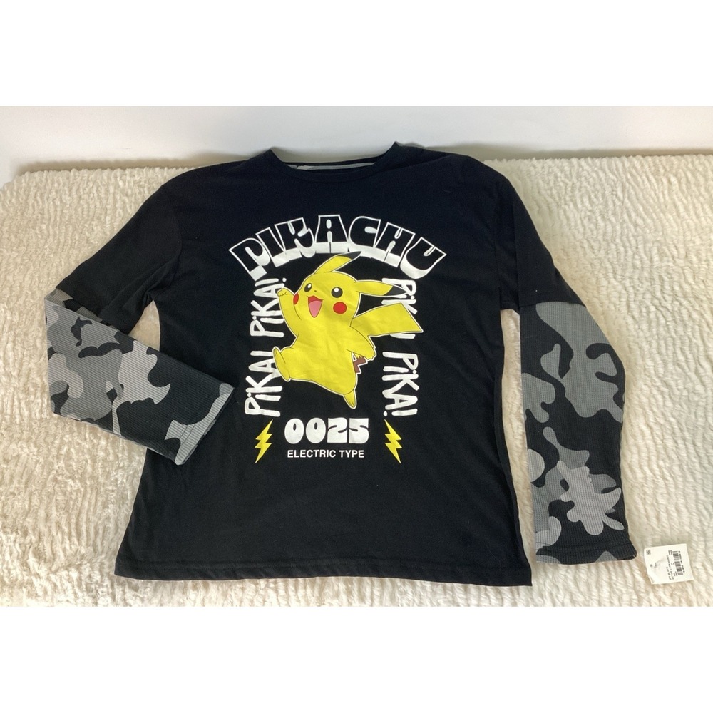 Pokémon Pikachu Graphic Print Tee Youth L Long Sleeve Camo Crew Neck Nintendo